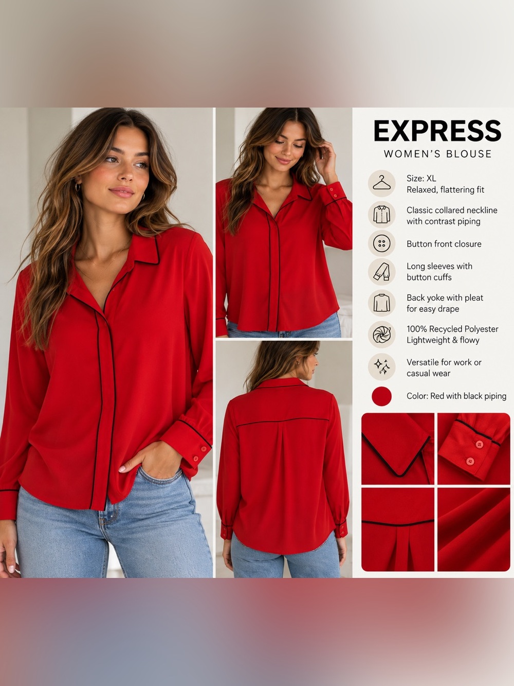 Express Red Relaxed Portofino Blouse Black Piping XL
